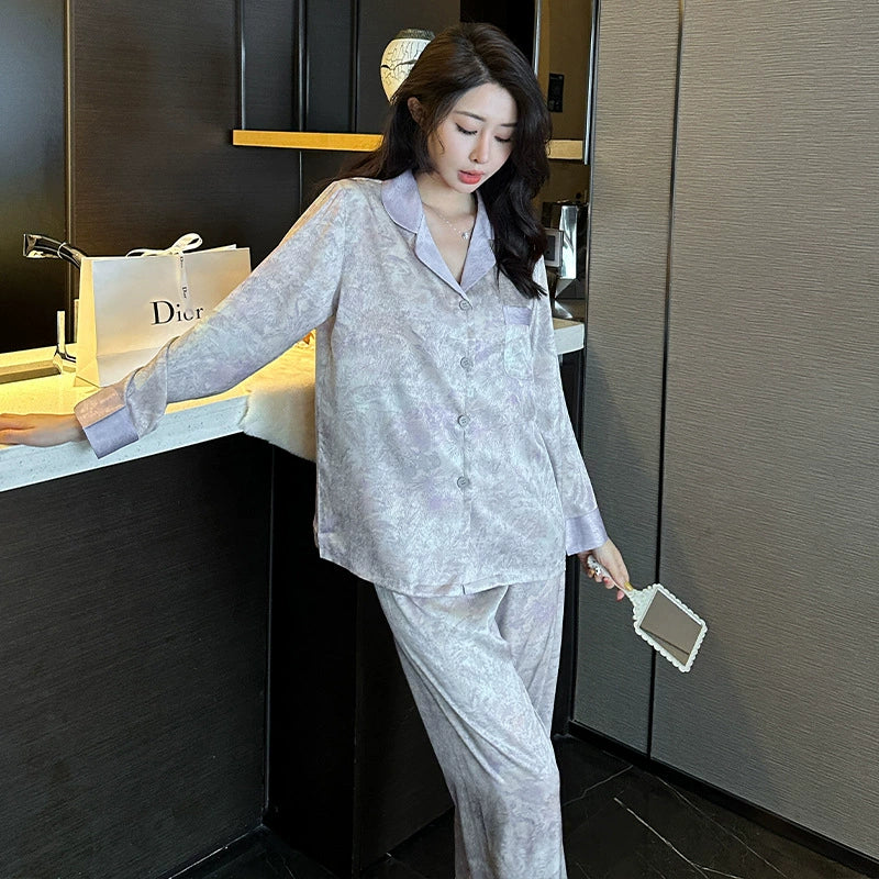 Bộ đồ ngủ cao cấp nữ, vải satin lụa lạnh, dài tay in họa tiết tím, khí chất, mặc nhà sang trọng DN165250