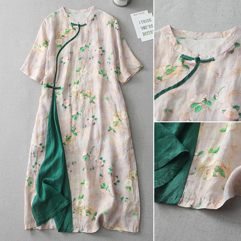Đầm Cotton Lanh Họa Tiết Hoa Cải Tiến Sườn Xám Dáng Dài Che Bụng Size Lớn