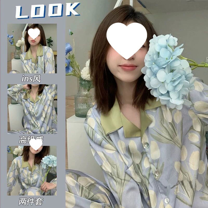 Bộ Đồ Ngủ Pijama Nữ Lụa Băng Kiểu Pháp - Áo Cổ Bẻ Dài Tay In Họa Tiết Phối Quần Dài, Nhiều Họa Tiết