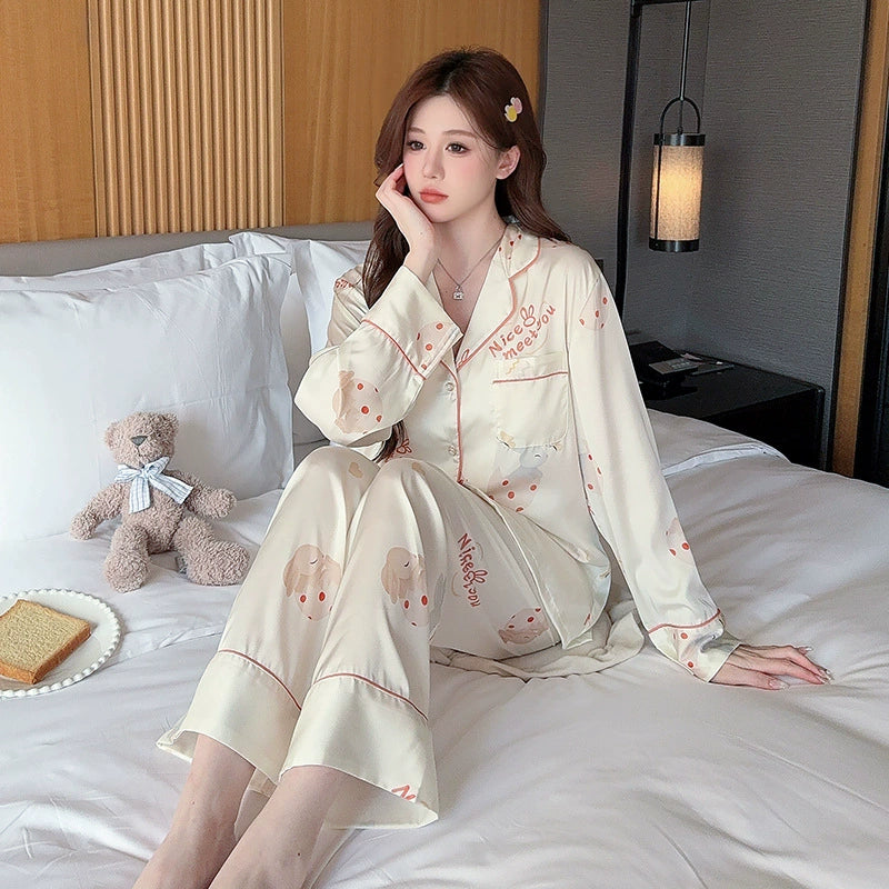 Bộ đồ ngủ lụa băng hoạ tiết thỏ trắng tay dài phong cách tiên nữ - chất liệu mát mẻ, mặc nhà cao cấp