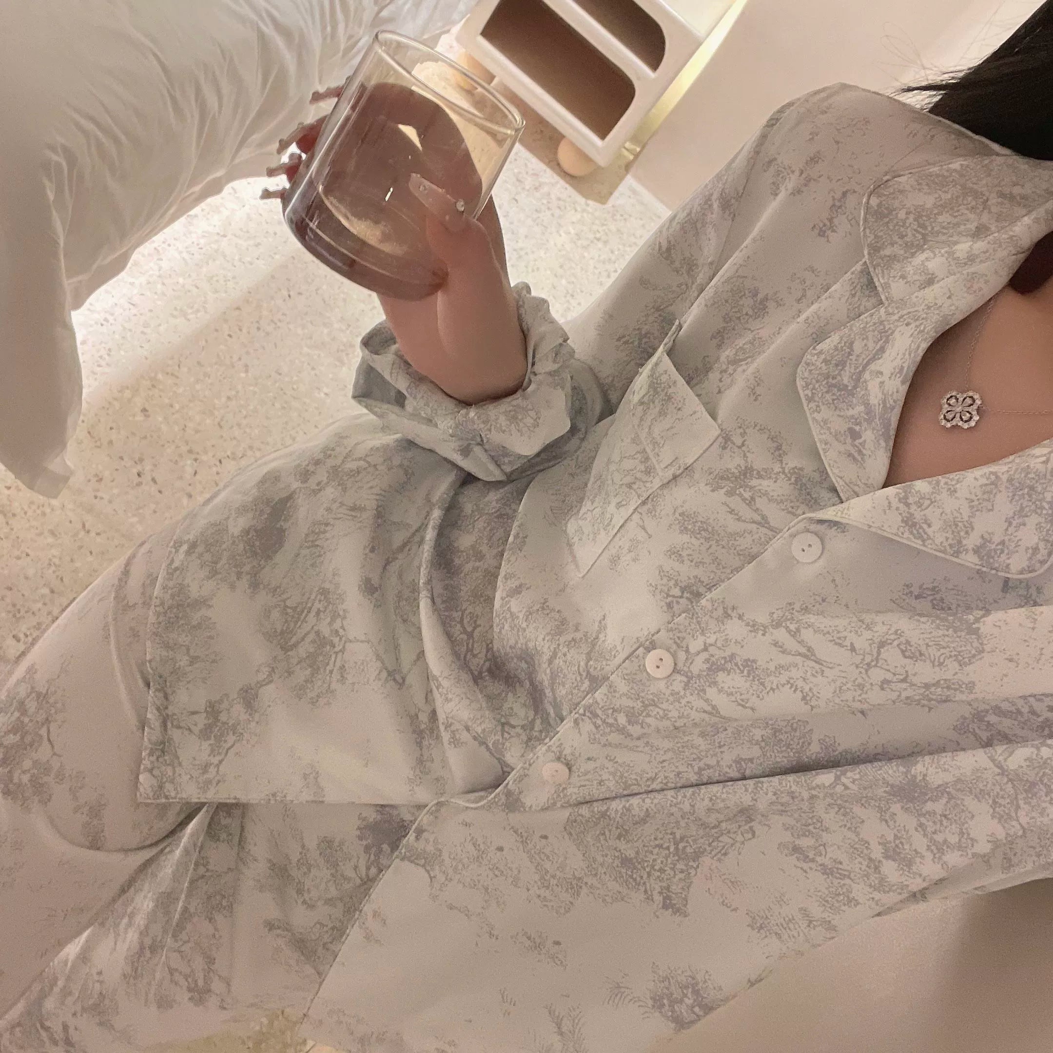 Bộ Đồ Ngủ Pijama Nữ Lụa Băng Kiểu Pháp - Áo Cổ Bẻ Dài Tay In Họa Tiết Phối Quần Dài, Nhiều Họa Tiết