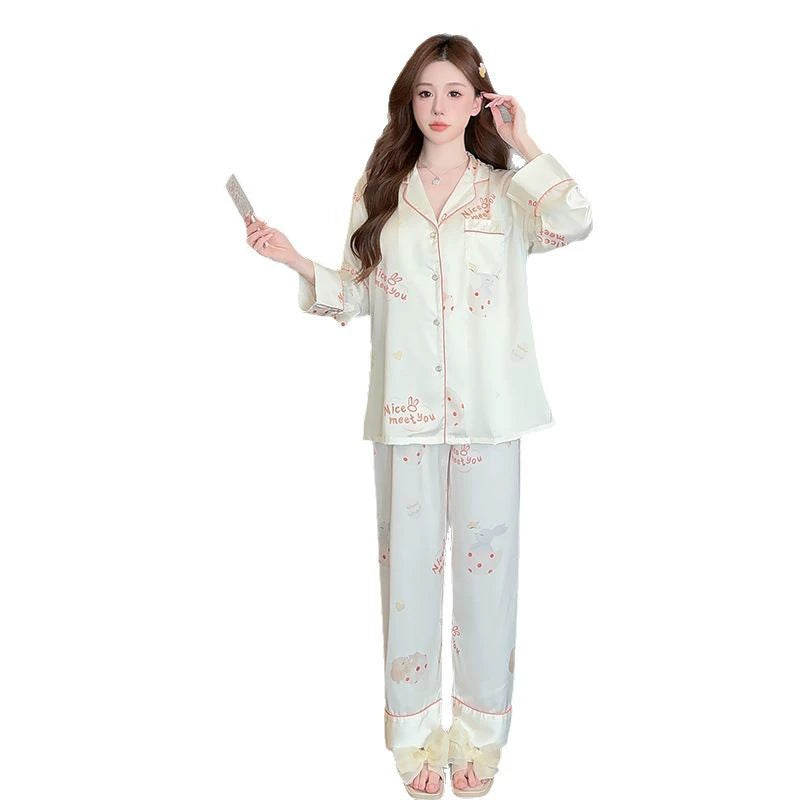 Bộ đồ ngủ lụa băng hoạ tiết thỏ trắng tay dài phong cách tiên nữ - chất liệu mát mẻ, mặc nhà cao cấp