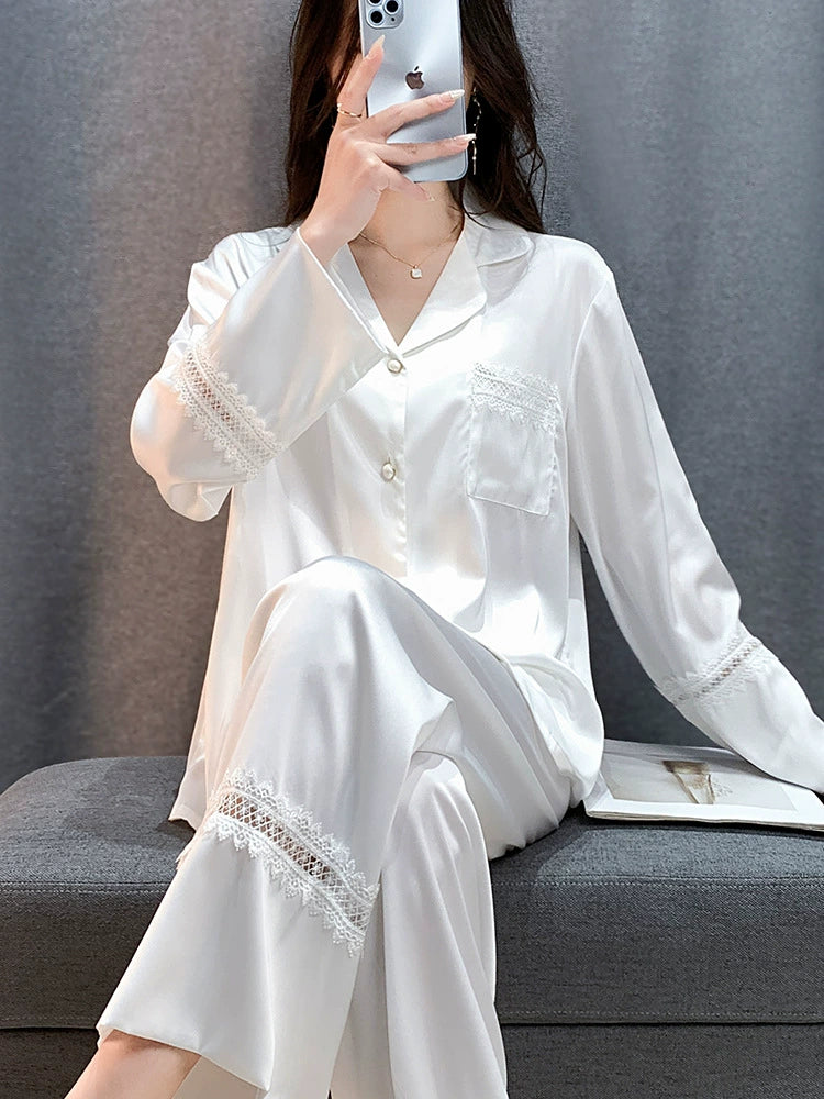 Bộ Đồ Ngủ Lụa Băng Mùa Xuân Thu, Mặc Ngoài Ren Đôi Quần Dài Tay Đơn Giản DN155250