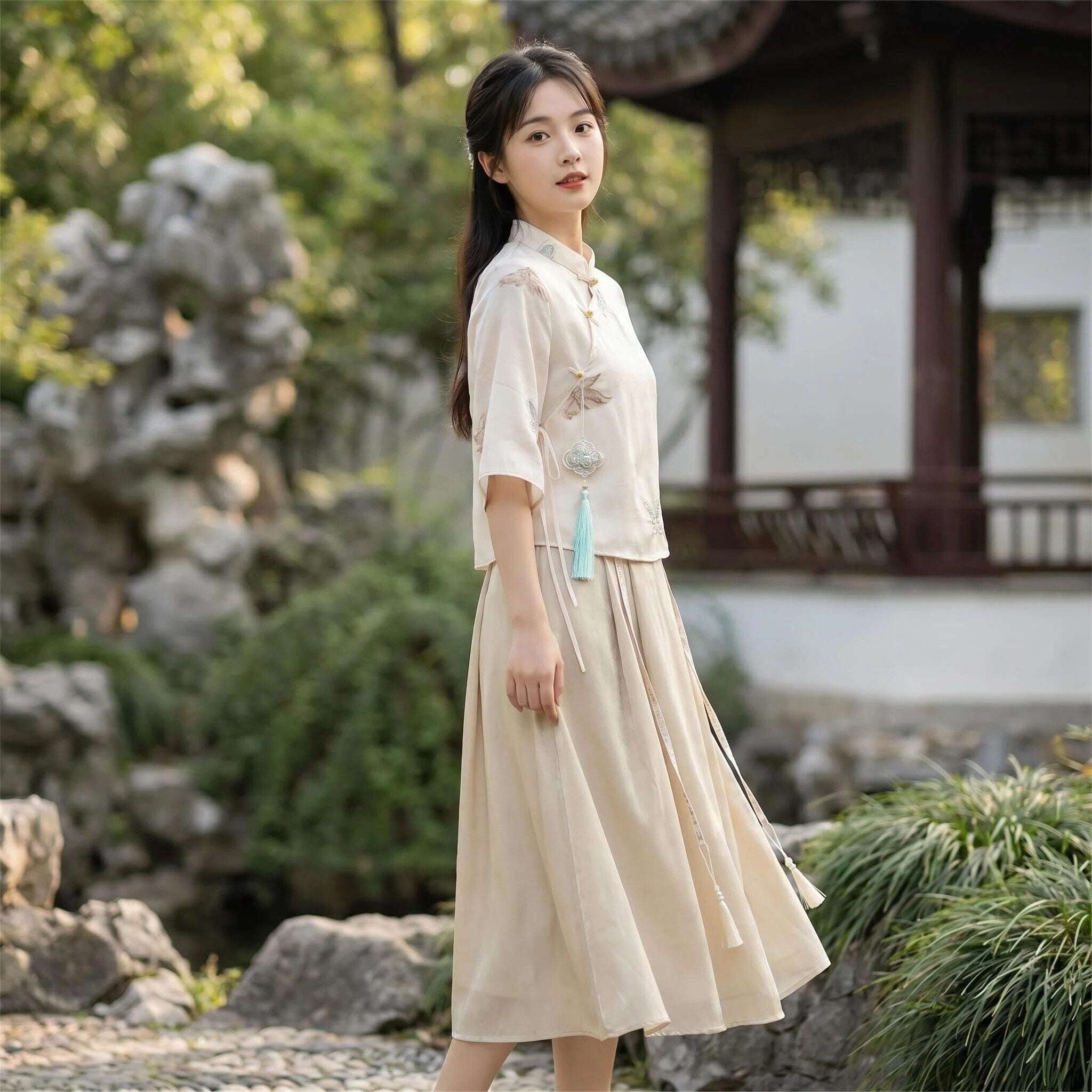 Set 2 món áo thêu thiền ý + chân váy tân trung hoa B366