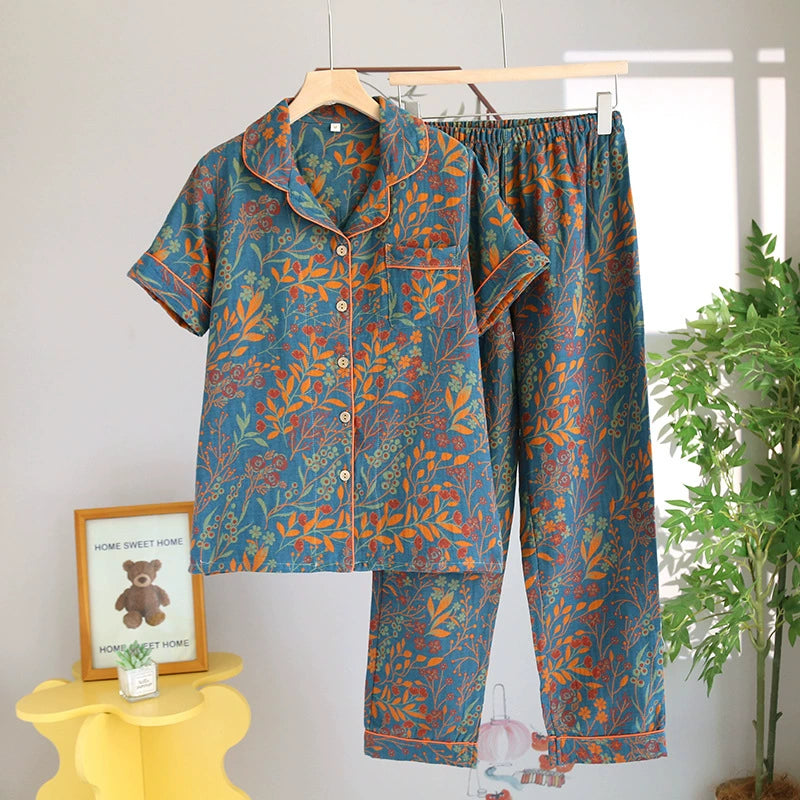 Bộ đồ ngủ cotton họa tiết Jacquard hoa lá - áo cổ vest, quần dài