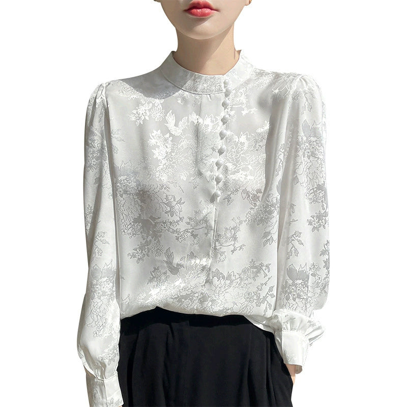 Áo Sơ Mi Nữ Tay Dài Phong Cách Trung Hoa - Cổ Đứng Dệt Jacquard, Cài Cúc Truyền Thống, Thanh Lịch