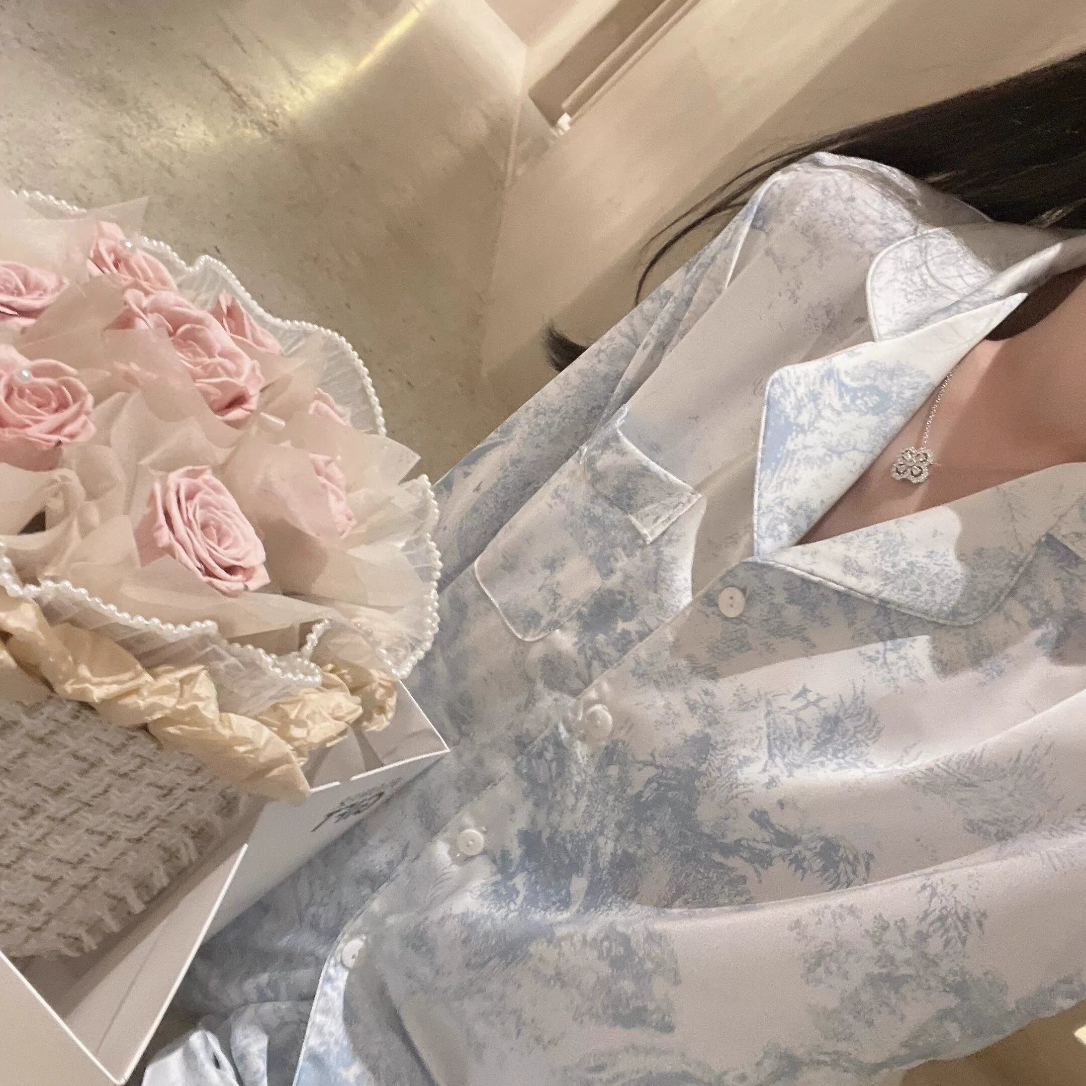 Bộ Đồ Ngủ Pijama Nữ Lụa Băng Kiểu Pháp - Áo Cổ Bẻ Dài Tay In Họa Tiết Phối Quần Dài, Nhiều Họa Tiết