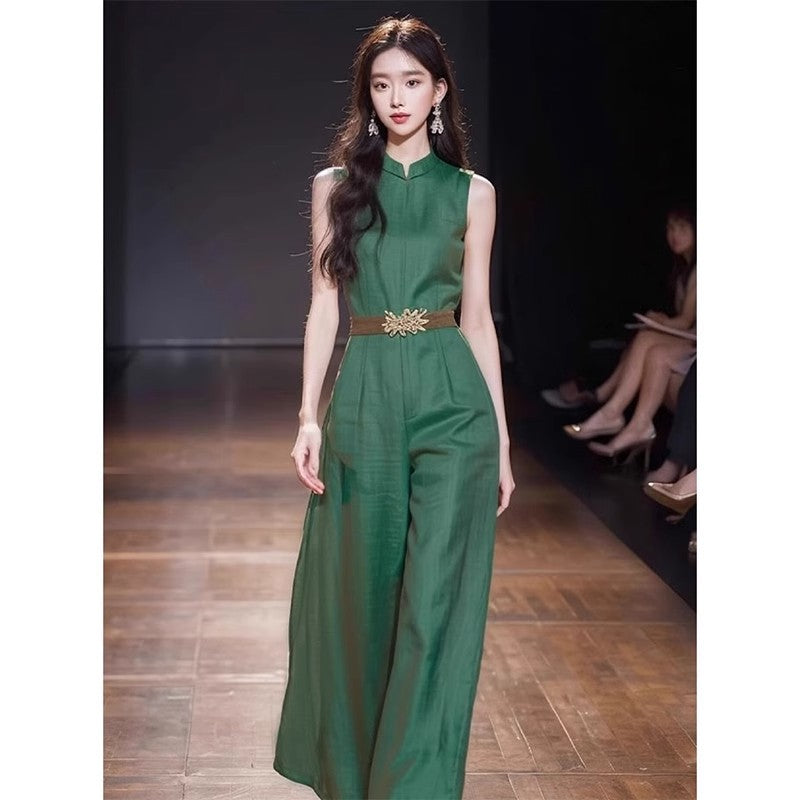 중국풍 벨트 포함 루즈핏 민소매 블루 점프수트 D246240