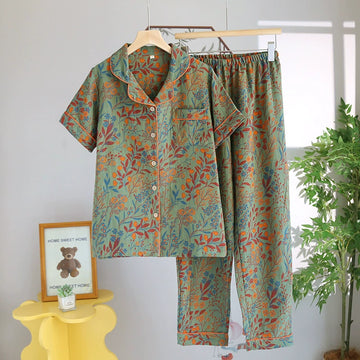 Bộ đồ ngủ cotton họa tiết Jacquard hoa lá - áo cổ vest, quần dài