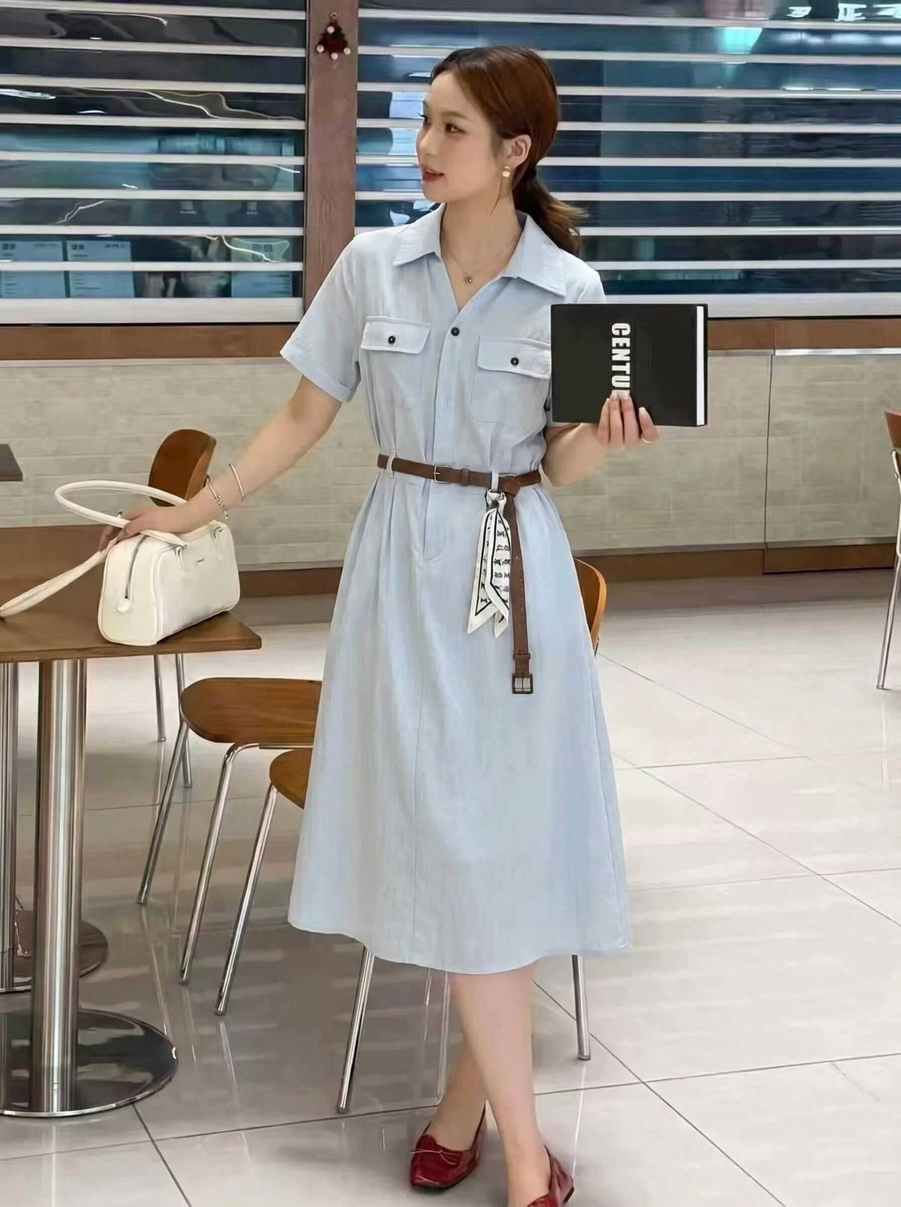 Đầm dài cổ Polo thu eo đai lưng B552
