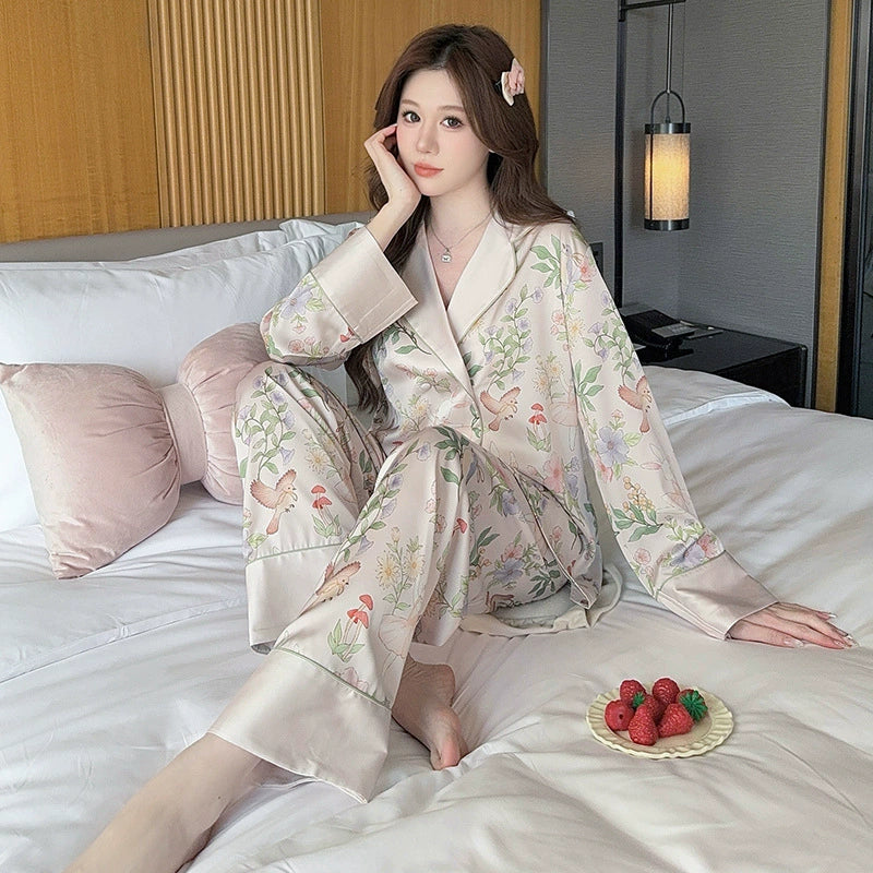 Bộ đồ ngủ lụa băng tay dài phong cách Pháp - vải lụa nhân tạo mát mẻ, nhiều hoạ tiết