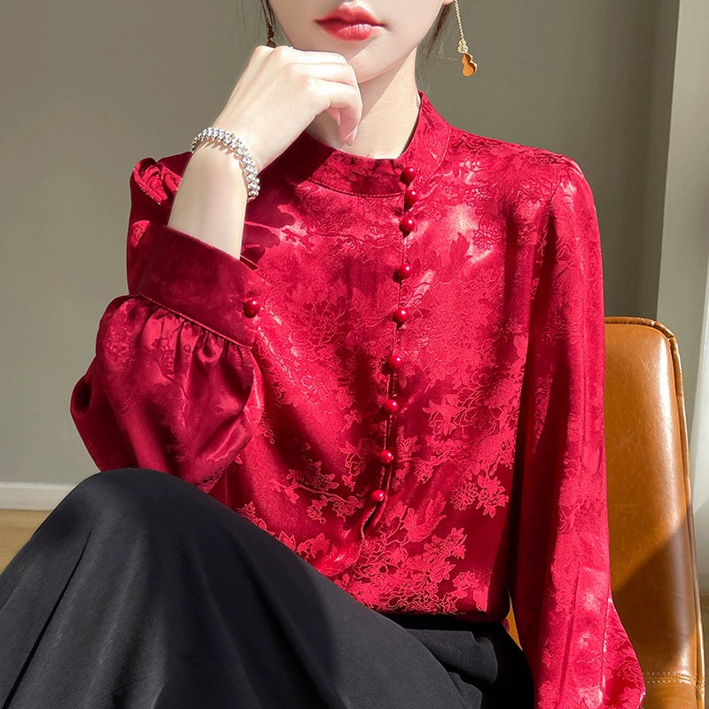 Áo Sơ Mi Nữ Tay Dài Phong Cách Trung Hoa - Cổ Đứng Dệt Jacquard, Cài Cúc Truyền Thống, Thanh Lịch