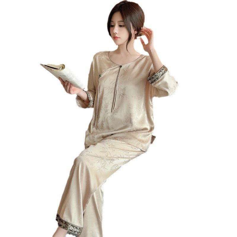 Đồ ngủ Pijama lụa băng vải jacquard cổ điển kiểu Trung Quốc DN424240