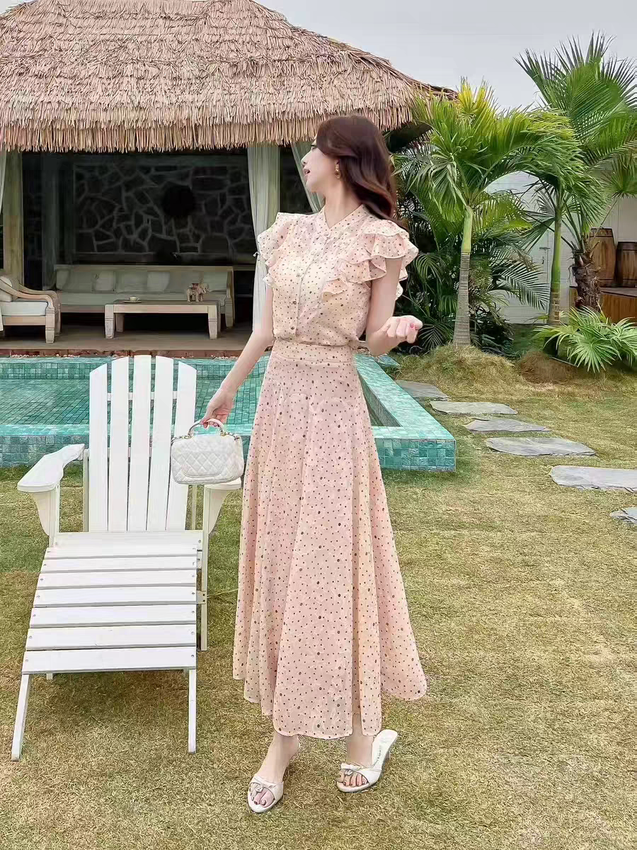 Set 2 món áo chấm bi tay cánh tiên + chân váy B531