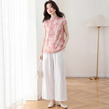Set 2 món tân trung hoa: Áo sa tanh dệt hoa văn + Quần ống rộng B591