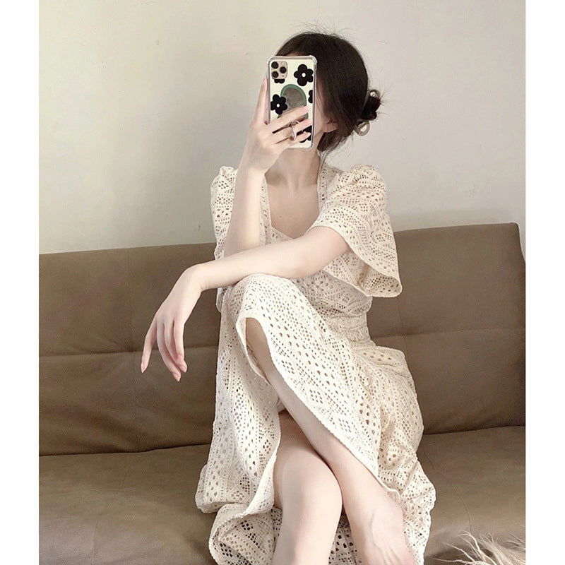 Đầm Dài Ren Cổ Vuông Phong Cách Pháp Thanh Lịch Tôn Dáng