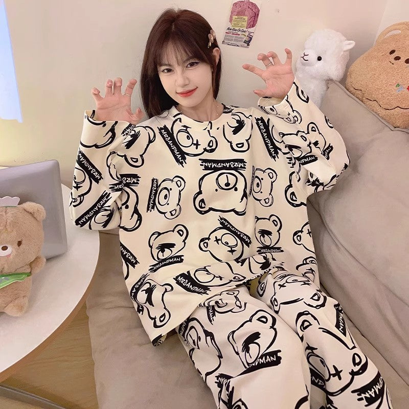 Bộ đồ ngủ thun gân cao cấp họa tiết họa hình dể thương thu đông mới nhất D542240