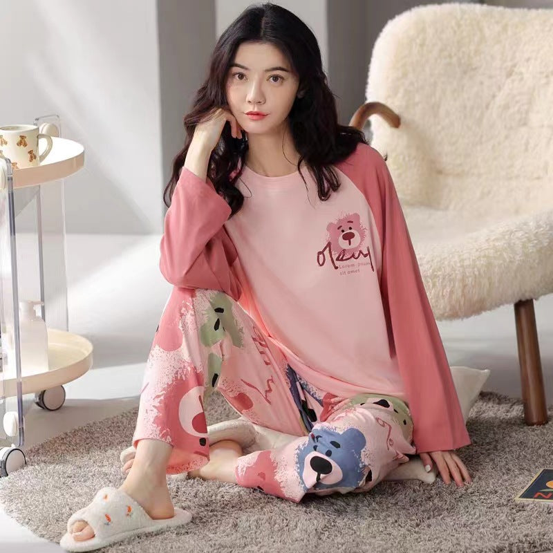 Bộ đồ ngủ thun gân cao cấp họa tiết họa hình dể thương thu đông mới nhất D542240