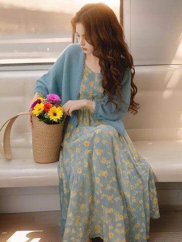 Váy hoa xanh phong cách Hàn Quốc, cardigan cao cấp khí chất sang trọng D106250