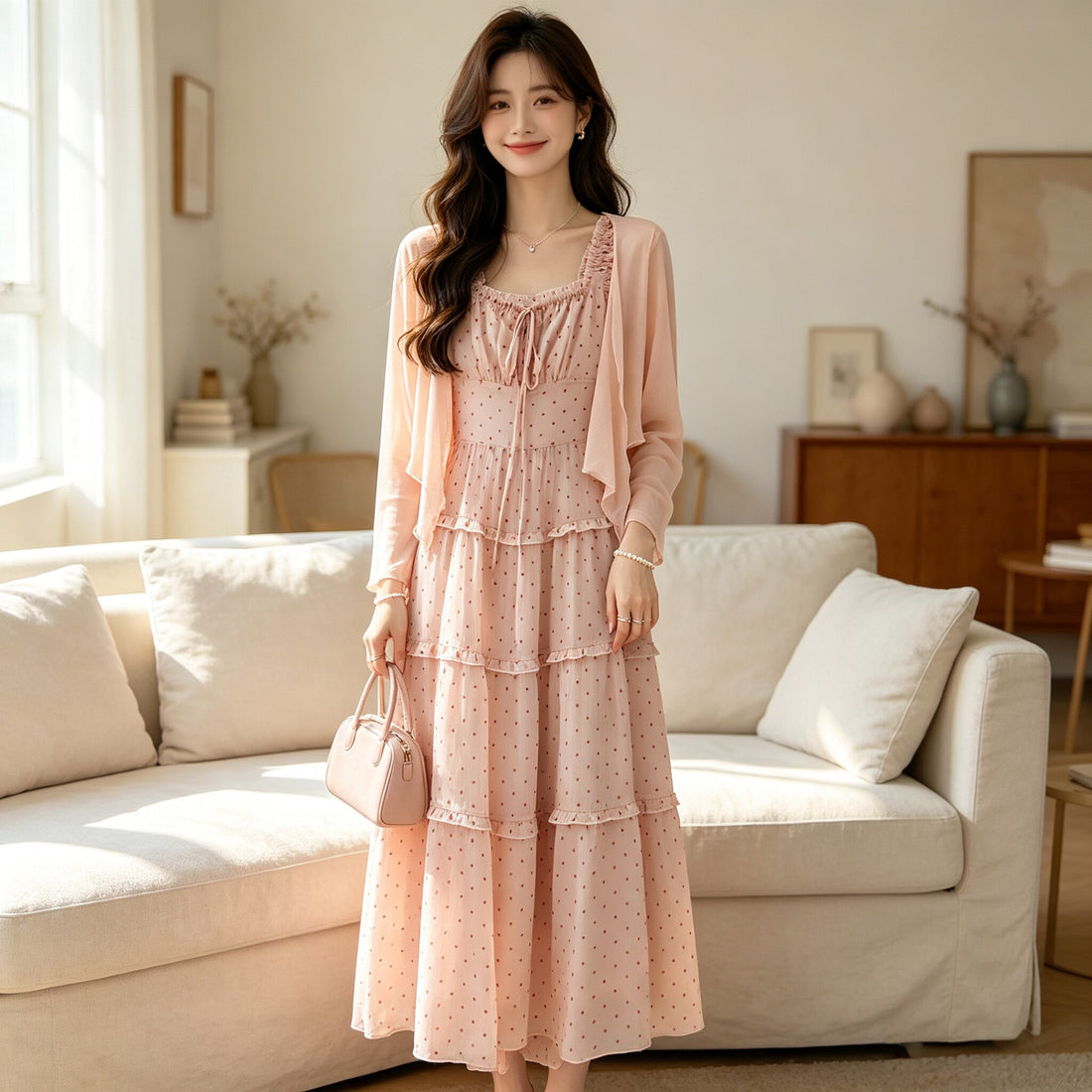 2-piece Set: Jacket + Perforated Polka Dot Dress B618