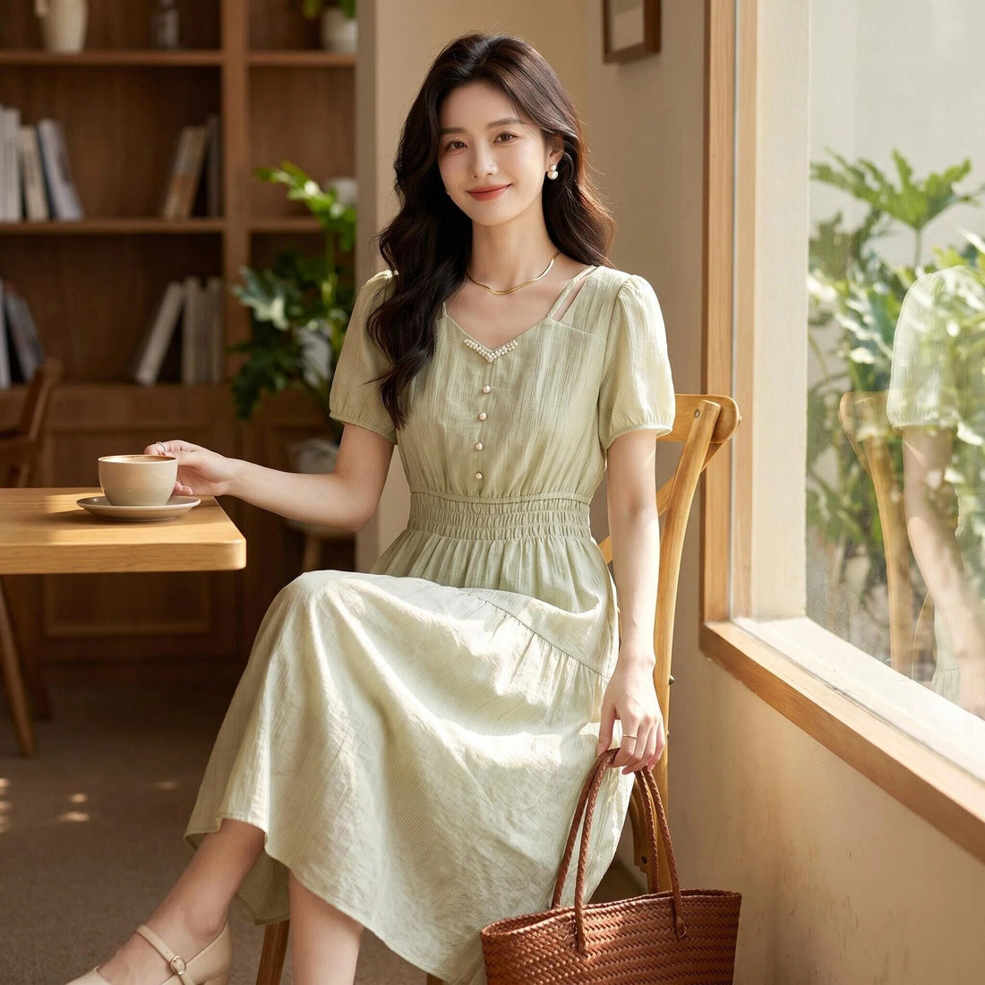 Lyocell V-neck dress with pearl embellishment B0242