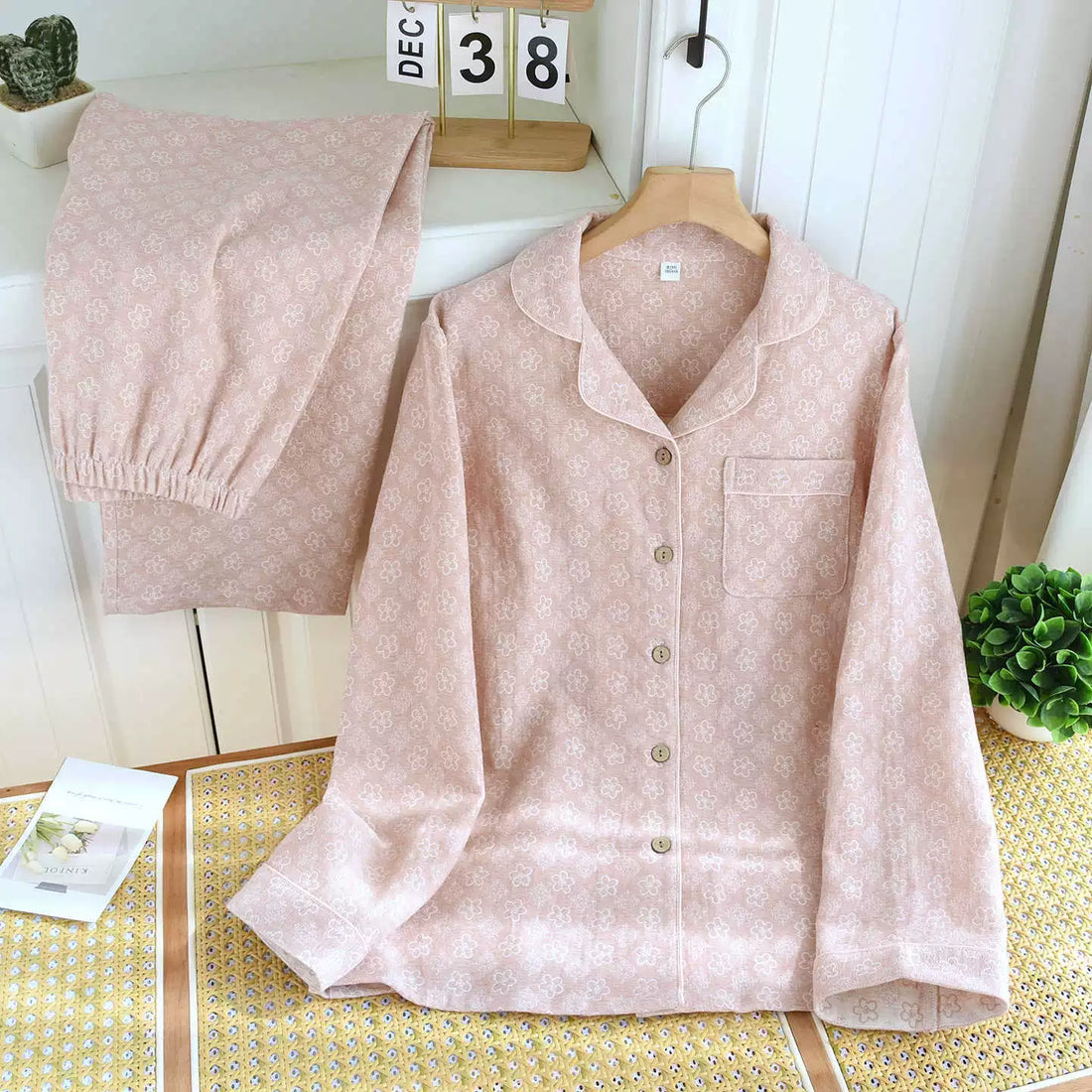 Bộ Đồ Ngủ Pyjama Vải Xô Cotton Jacquard Dài Tay Họa Tiết Vintage