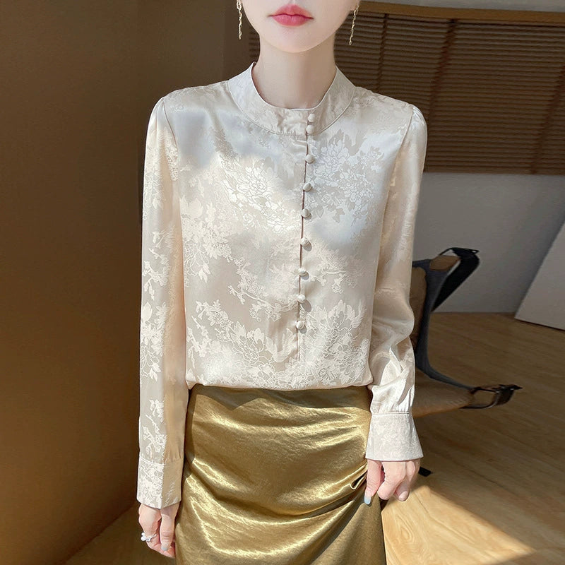 Áo Sơ Mi Nữ Tay Dài Phong Cách Trung Hoa - Cổ Đứng Dệt Jacquard, Cài Cúc Truyền Thống, Thanh Lịch