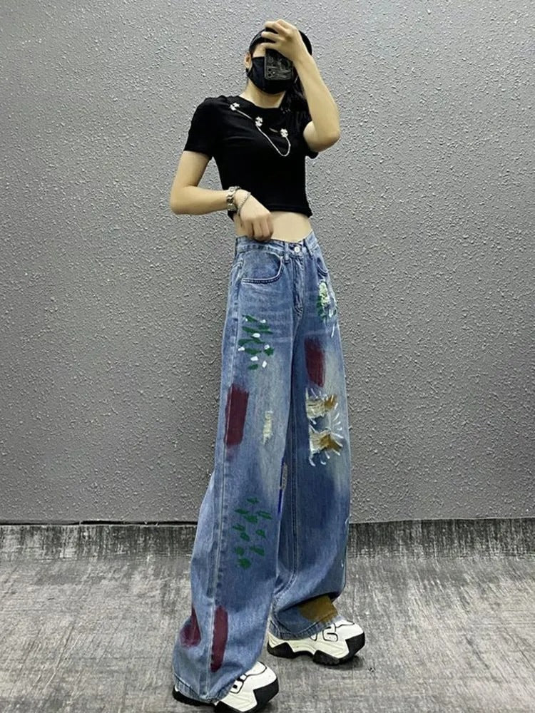 Quần jean rách gối phối sơn cạp cao ống rộng dáng suông dài phong cách HIP HOP QJ018250