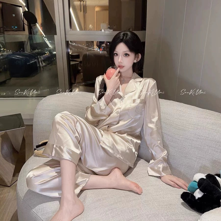 Bộ Đồ Ngủ Pijama Nữ Chất Mô Phỏng Lụa Đính Đá - Áo Dài Tay Phối Quần Dài, Sang Trọng