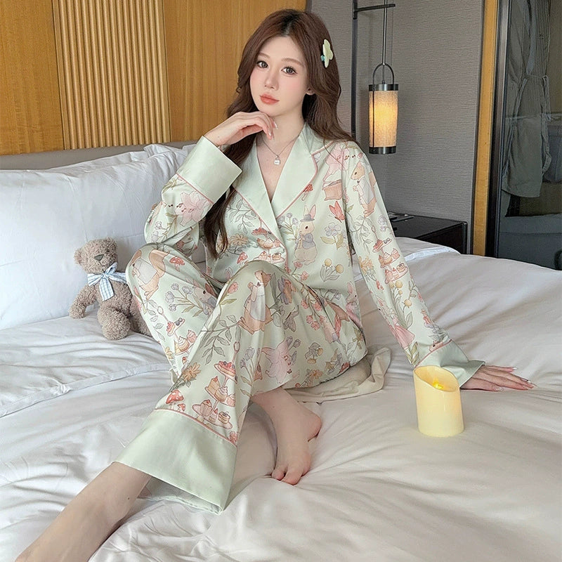 Bộ đồ ngủ lụa băng tay dài phong cách Pháp - vải lụa nhân tạo mát mẻ, nhiều hoạ tiết