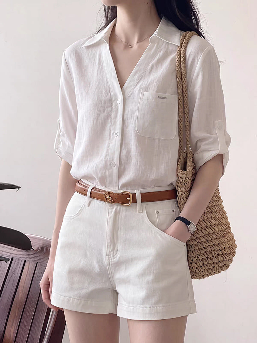 Áo Sơ Mi Vải Lanh Tay Lỡ Cổ V Dáng Rộng Phong Cách Old Money