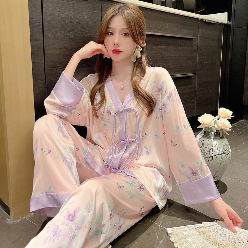 Bộ đồ ngủ phong cách Trung Quốc, lụa băng satin mỏng tay dài hai mảnh cài cúc XINY DN115250