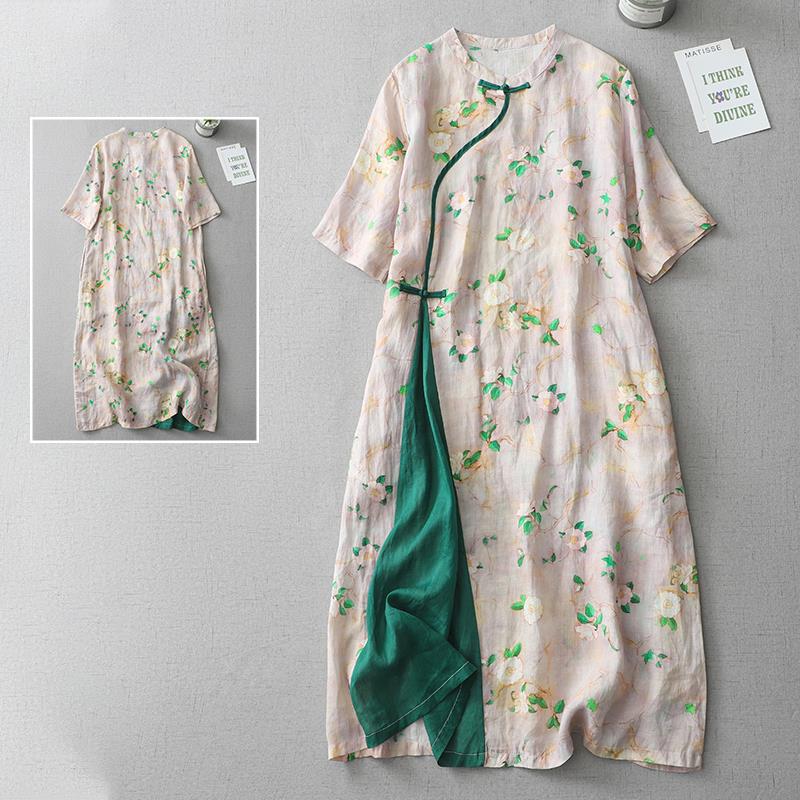Đầm Cotton Lanh Họa Tiết Hoa Cải Tiến Sườn Xám Dáng Dài Che Bụng Size Lớn