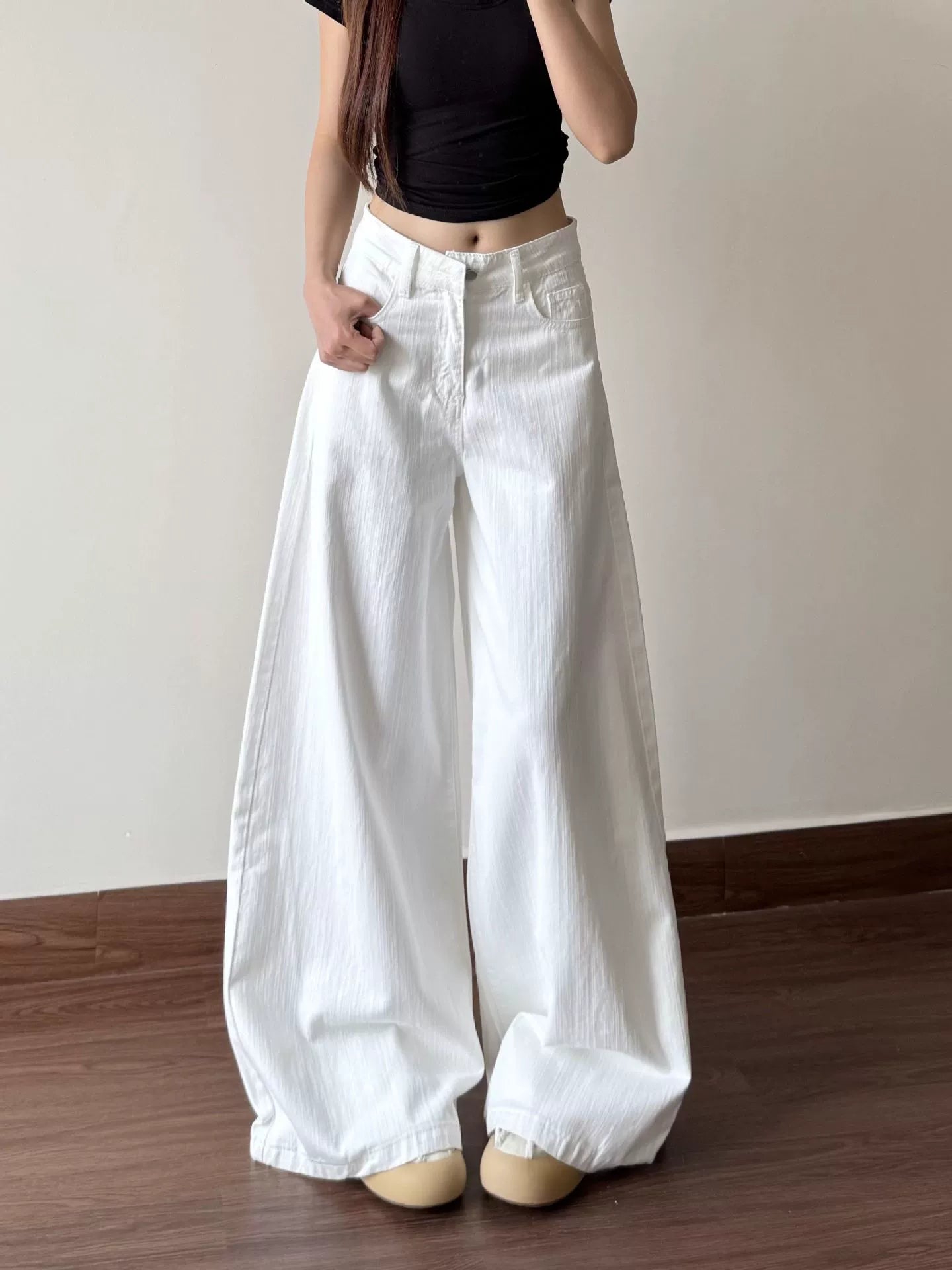 Quần Jeans Trắng Ống Rộng Cạp Thấp Tôn Dáng