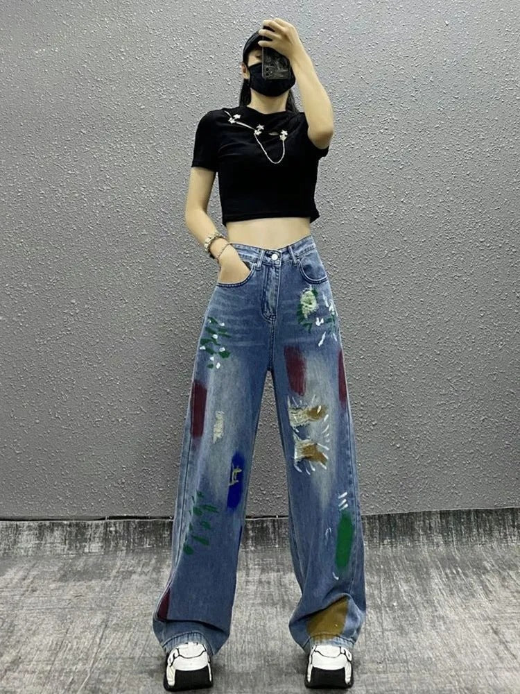 Quần jean rách gối phối sơn cạp cao ống rộng dáng suông dài phong cách HIP HOP QJ018250