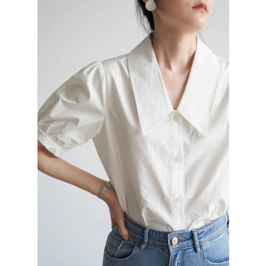 Áo Sơ Mi Trắng Tay Ngắn Cổ V Họa Tiết Retro Tay Phồng Kiểu Pháp