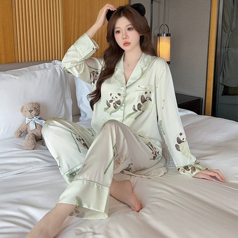 Bộ đồ ngủ lụa băng tay dài phong cách Pháp - vải lụa nhân tạo mát mẻ, nhiều hoạ tiết