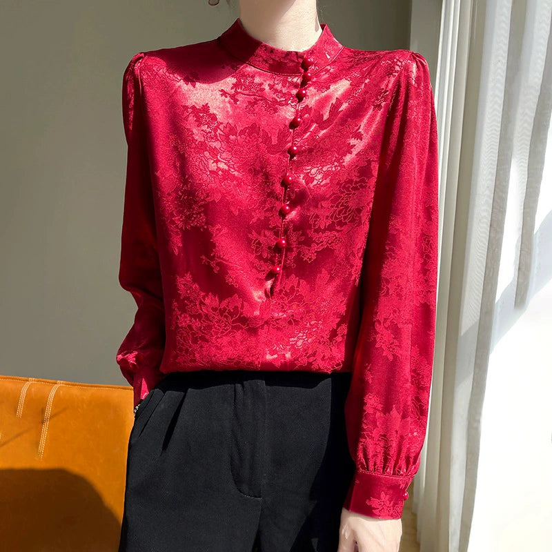 Áo Sơ Mi Nữ Tay Dài Phong Cách Trung Hoa - Cổ Đứng Dệt Jacquard, Cài Cúc Truyền Thống, Thanh Lịch