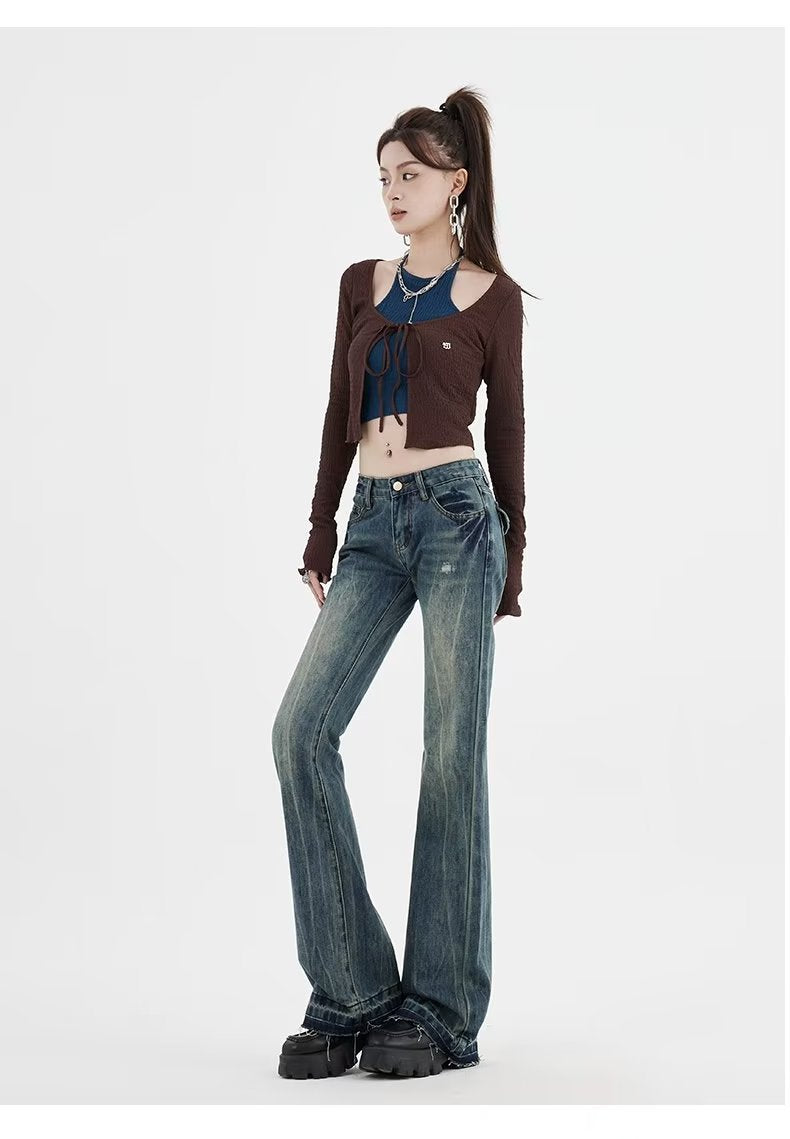Quần jeans ống loe cạp trễ cổ điển phong cách Mỹ thêu họa tiết QJ030250
