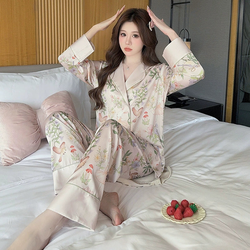 Bộ đồ ngủ lụa băng tay dài phong cách Pháp - vải lụa nhân tạo mát mẻ, nhiều hoạ tiết