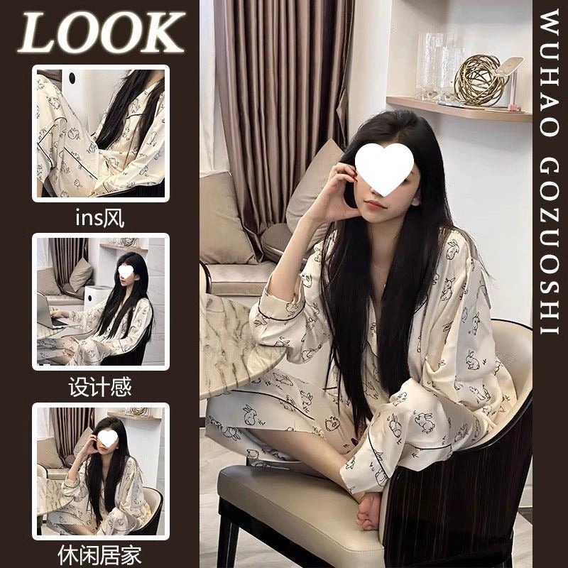 Bộ Đồ Ngủ Pijama Nữ Lụa Băng Kiểu Pháp - Áo Cổ Bẻ Dài Tay In Họa Tiết Phối Quần Dài, Nhiều Họa Tiết