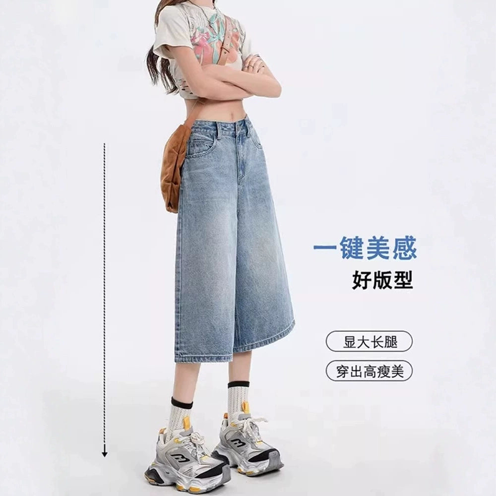 Quần Jean Nữ Ống Rộng Dáng Lửng Cạp Cao Cổ Điển - Chất Denim Co Giãn, Tôn Dáng Che Bắp, Cỡ Lớn