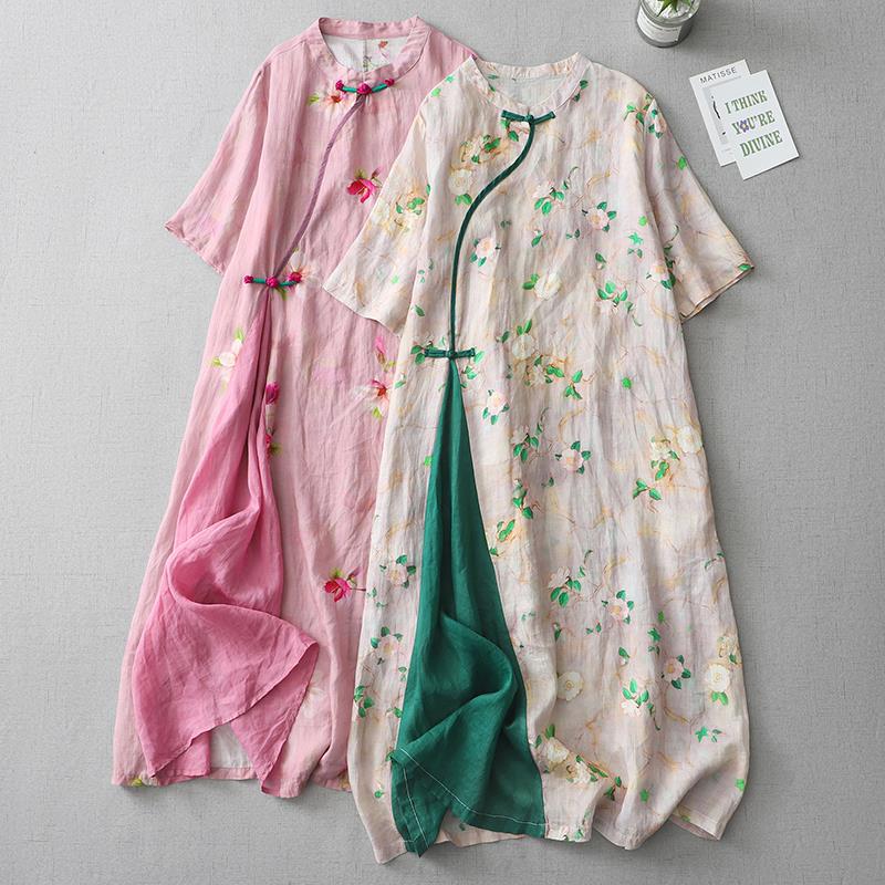 Đầm Cotton Lanh Họa Tiết Hoa Cải Tiến Sườn Xám Dáng Dài Che Bụng Size Lớn