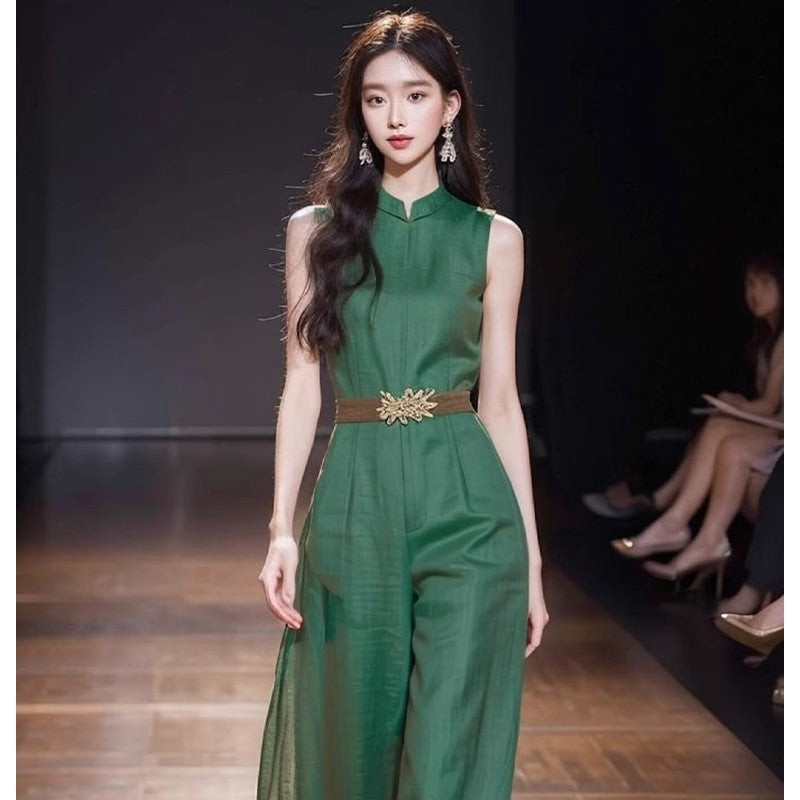 중국풍 벨트 포함 루즈핏 민소매 블루 점프수트 D246240