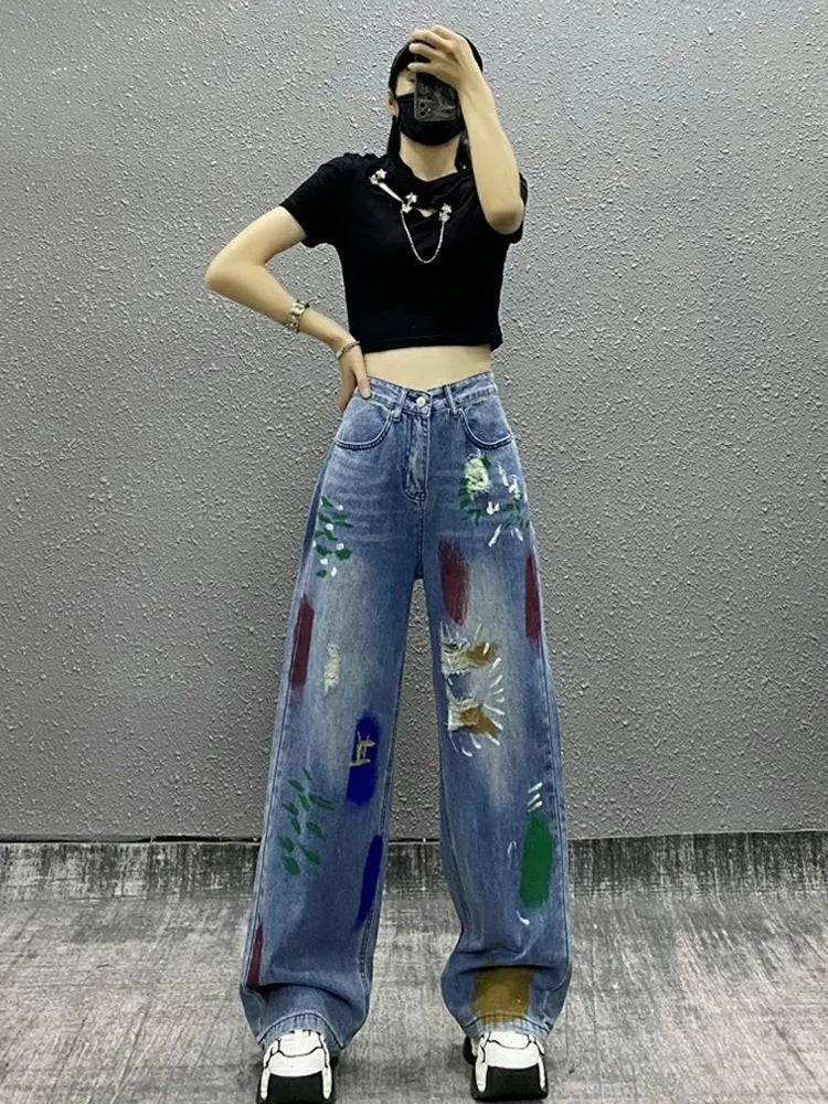 Quần jean rách gối phối sơn cạp cao ống rộng dáng suông dài phong cách HIP HOP QJ018250