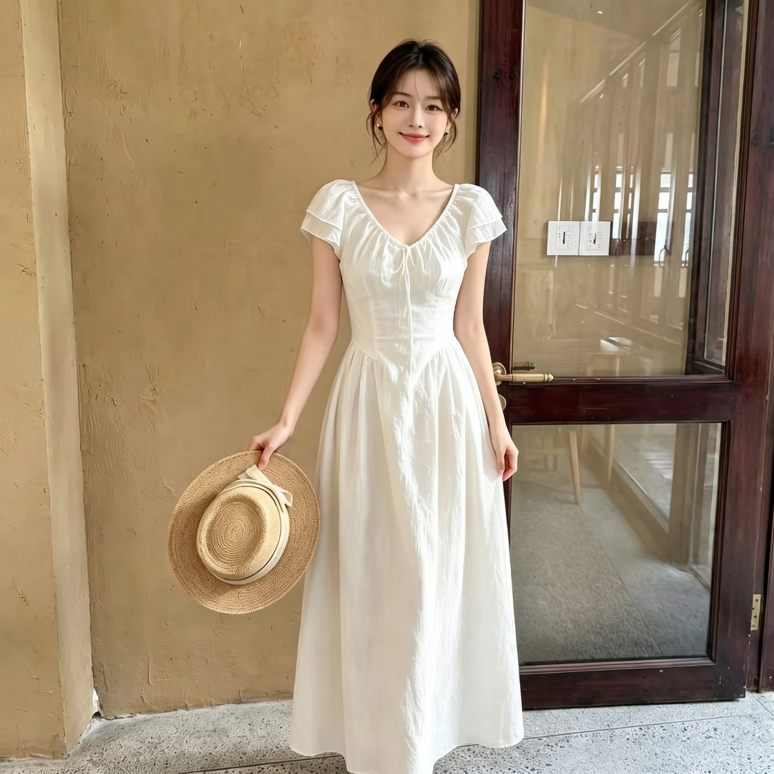 Đầm dài trơn màu chiết eo phong cách Pháp B569