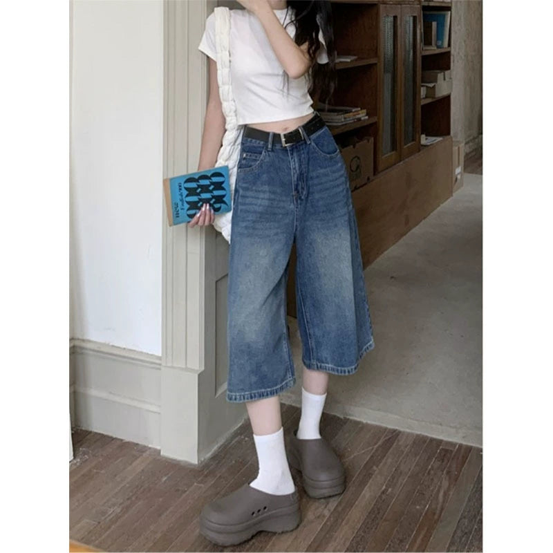 Quần Jean Nữ Ống Rộng Dáng Lửng Cạp Cao Cổ Điển - Chất Denim Co Giãn, Tôn Dáng Che Bắp, Cỡ Lớn