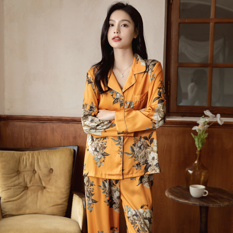 Đồ ngủ Pijama lụa băng cao cấp màu cam họa tiết hoa DN429240
