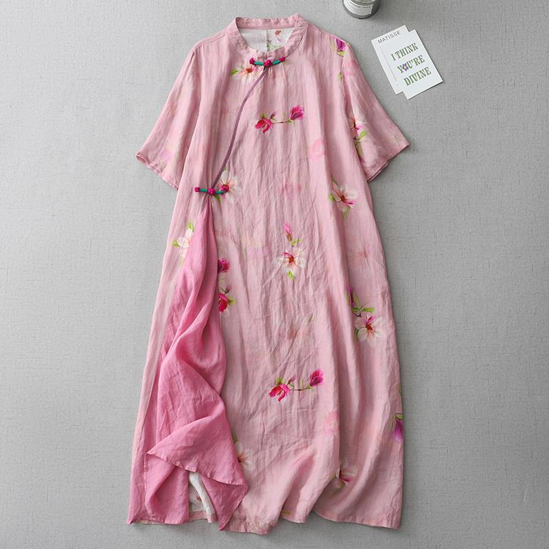 Đầm Cotton Lanh Họa Tiết Hoa Cải Tiến Sườn Xám Dáng Dài Che Bụng Size Lớn