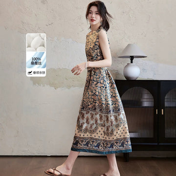 Đầm Voan Hoa Cổ Tròn Dáng Dài Phong Cách Nghỉ Dưỡng Châu Âu